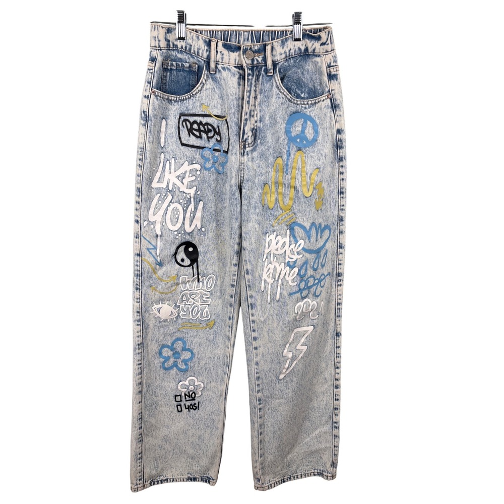 SHEIN Acid Wash‎ Graffiti Jeans Women's Size 6 High Rise Distressed Denim Trendy